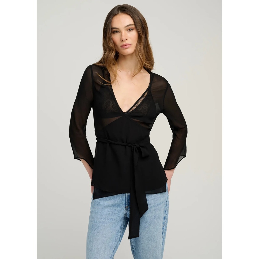 Favorite Daughter The Etheral Sheer Chiffon Wrap Top In Black Women's Size S